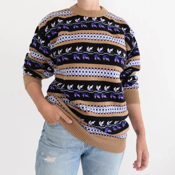 Vintage  Black & Tan with Purple Design Crewneck Sweater - Picture 3 of 11